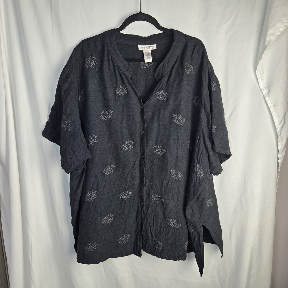 Vtg 90s Silhouettes Embroidered Blouse Womens 5X Black Boxy Lagenlook Minimalist